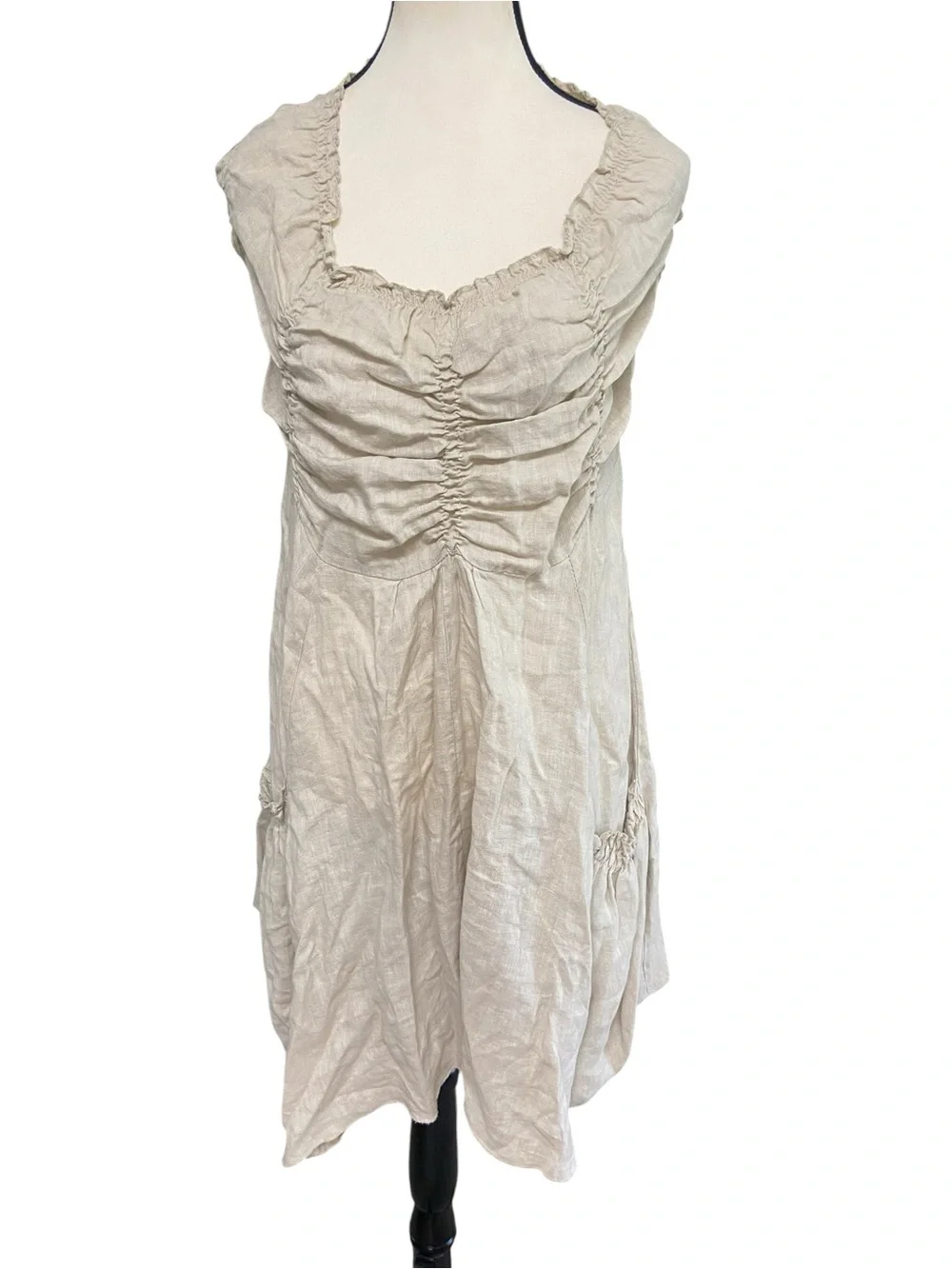 NYLL Italia 100% Linen Parachute Dress Flax Size M Ruched Boho Lagenlook Casual